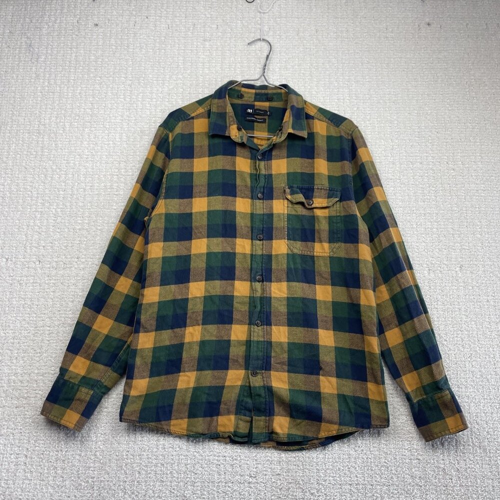 Le 31 Simons Plaid Flannel Long Sleeve Button Up Shirt Orange / Green Men Sz M